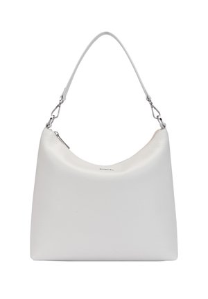 White leather handbag with a structured, curved shape and a single handle. Features silver hardware and textured surface. Zipper closure detail.