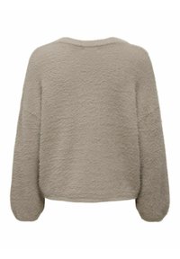 Fuzzy, beige trui met een ronde halslijn en lange mouwen. Zachte textuur, boxy pasvorm en geribbelde zoomafwerking.
