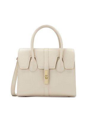 Beige leather handbag with structured design, top handles, detachable shoulder strap, and gold hardware accents. Features flap and snap closure.