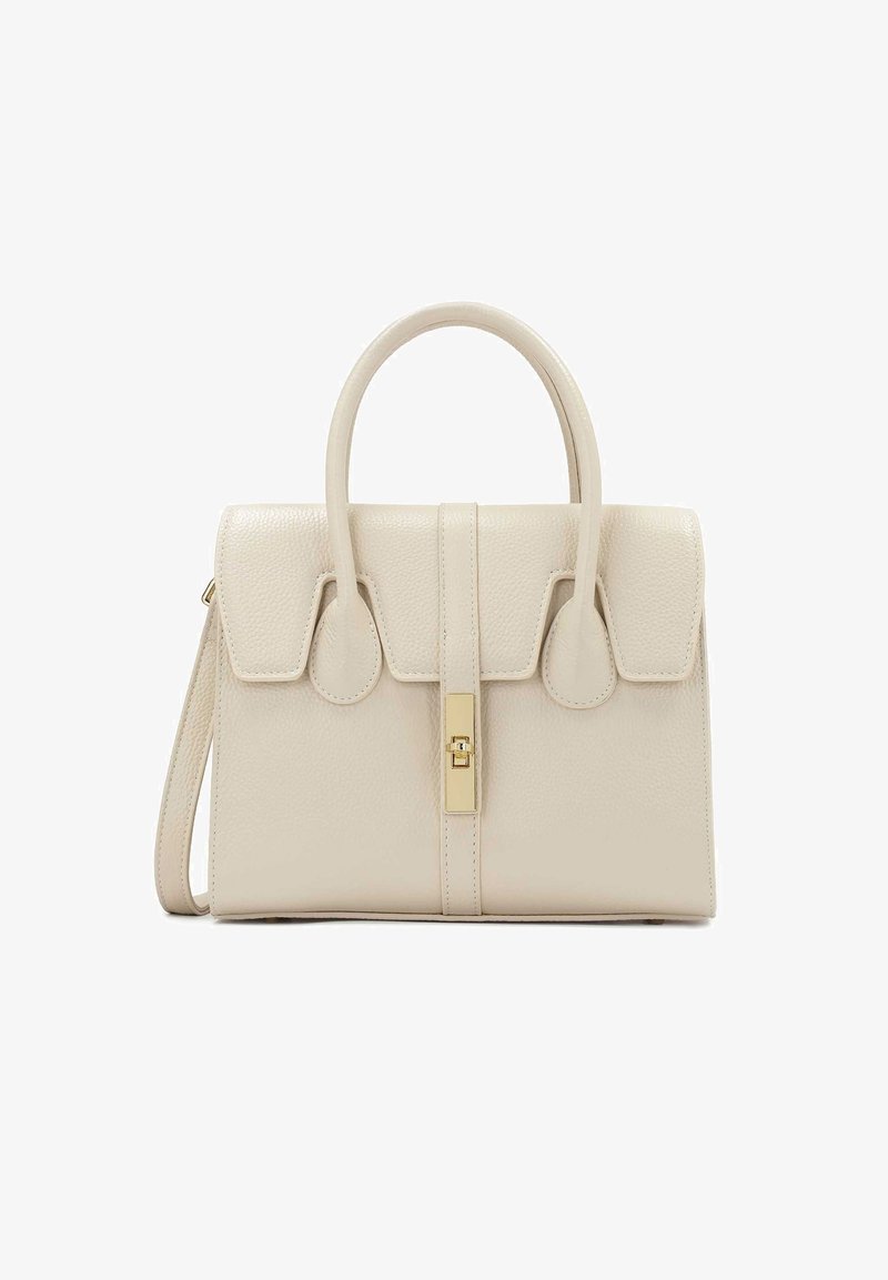 Beige bőr kézitáska strukturált formával, felső markolatokkal, levehető vállpánttal és arany színű fémrészekkel. Flap záródású és patentos zárással rendelkezik.