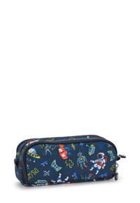 Navy pencil case with colorful space-themed graphics, featuring rockets, robots, and gaming controllers; zippered closure, compact shape.