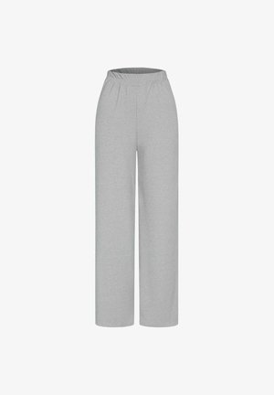 Harmaat leveälahkeiset housut, jotka on valmistettu pehmeästä ja joustavasta materiaalista. Niissä on elastinen vyötärönauha ja sileä pinta ilman näkyviä kuvioita.