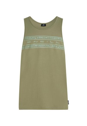 Débardeur vert olive en coton doux. Présente une bande graphique bleu clair avec des motifs décoratifs et le logo de la marque sur la poitrine.