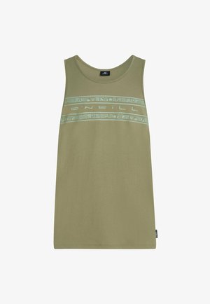 Oliwkowy top na ramiączkach wykonany z miękkiej bawełny. Posiada jasnoniebieski pas z wzorami dekoracyjnymi i logo marki na wysokości klatki piersiowej.