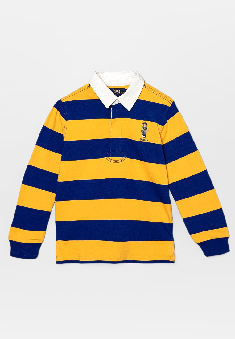 Blue and yellow striped long-sleeve polo shirt with a white collar. Features an embroidered logo and a traditional collar design.