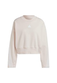 Ljust rosa kort sweatshirt tillverkad av mjukt tyg, med en vit logotyp på bröstet och tre vita ränder på varje ärm.