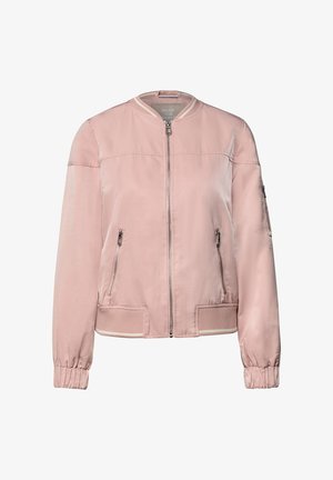 Lichtroze bomberjack met een rits aan de voorkant, twee zij zakken met rits, ribgebreide manchetten en een zoom met witte strepen accenten.