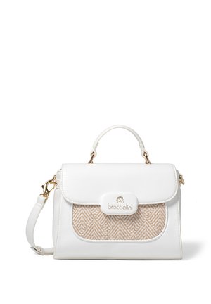 Witte leren handtas met geweven voorvak, gouden beslag, bovenhandvat en afneembare schouderriem, met het merk "braccialini" op de voorflap.