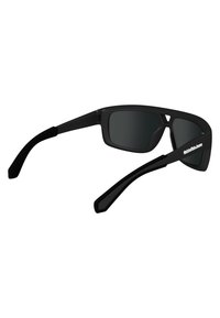 Black sunglasses with dark lenses, rectangular frames, and straight arms. Accented with a small logo on one side. Material appears plastic.