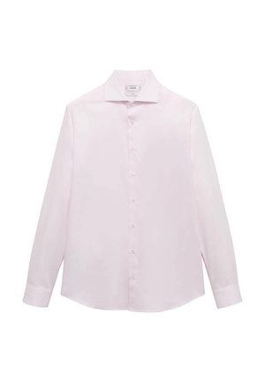Pink long-sleeve shirt with a classic collar, seven white buttons down the front, and a curved hem. Smooth, lightweight fabric.