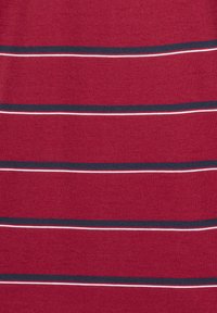Red fabric with horizontal stripes in white and navy blue. Soft texture, uniform design featuring consistent pattern across the material.