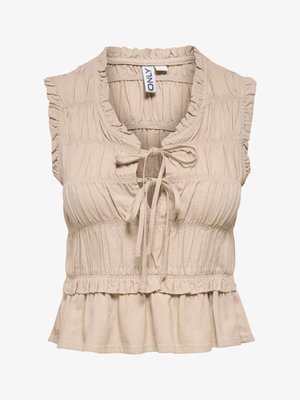Béžna majica brez rokavov z nabranimi robovi, detajli nabranega blaga, zavezovanjem na izrezu in peplum robom.
