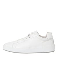 White leather sneaker with a smooth texture, rounded toe, low profile, flat laces, and subtle stitching details. Rubber sole with grey accents.