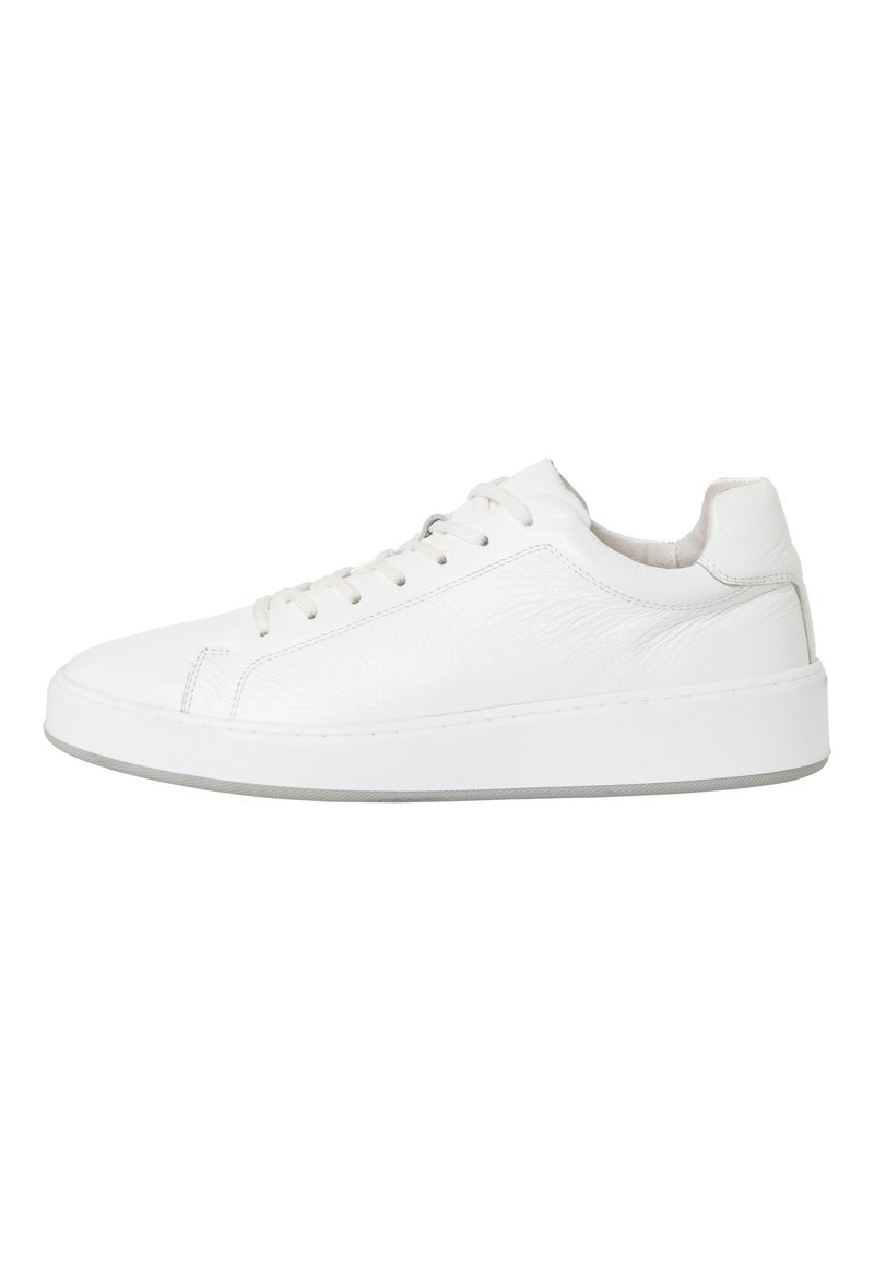 White leather sneaker with a smooth texture, rounded toe, low profile, flat laces, and subtle stitching details. Rubber sole with grey accents.