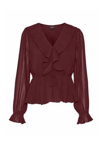 Bordeaux farvet plisseret bluse med dyb V-udskæring, rynket frontdetalje, lange ærmer og en samlet talje med bånd. Tekstileret, letvægtigt stof.