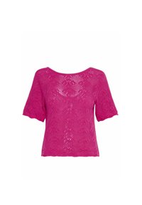 Kratku piedurkņu, atvērtā pusē adītu topu spilgti rozā krāsā. Tam ir plaša ovāla kakla izgriezuma forma un viļņotas malas ar ziedu motīvu visā topā.