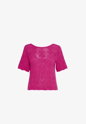 Kurzärmliges, offenes Strickoberteil in leuchtendem Pink. Mit einem weiten Rundhalsausschnitt und gewellten Kanten, die mit einem floralen Muster verziert sind.