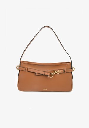 Sac à bandoulière en cuir marron avec matériel doré, sangle réglable et logo RAID au centre devant.