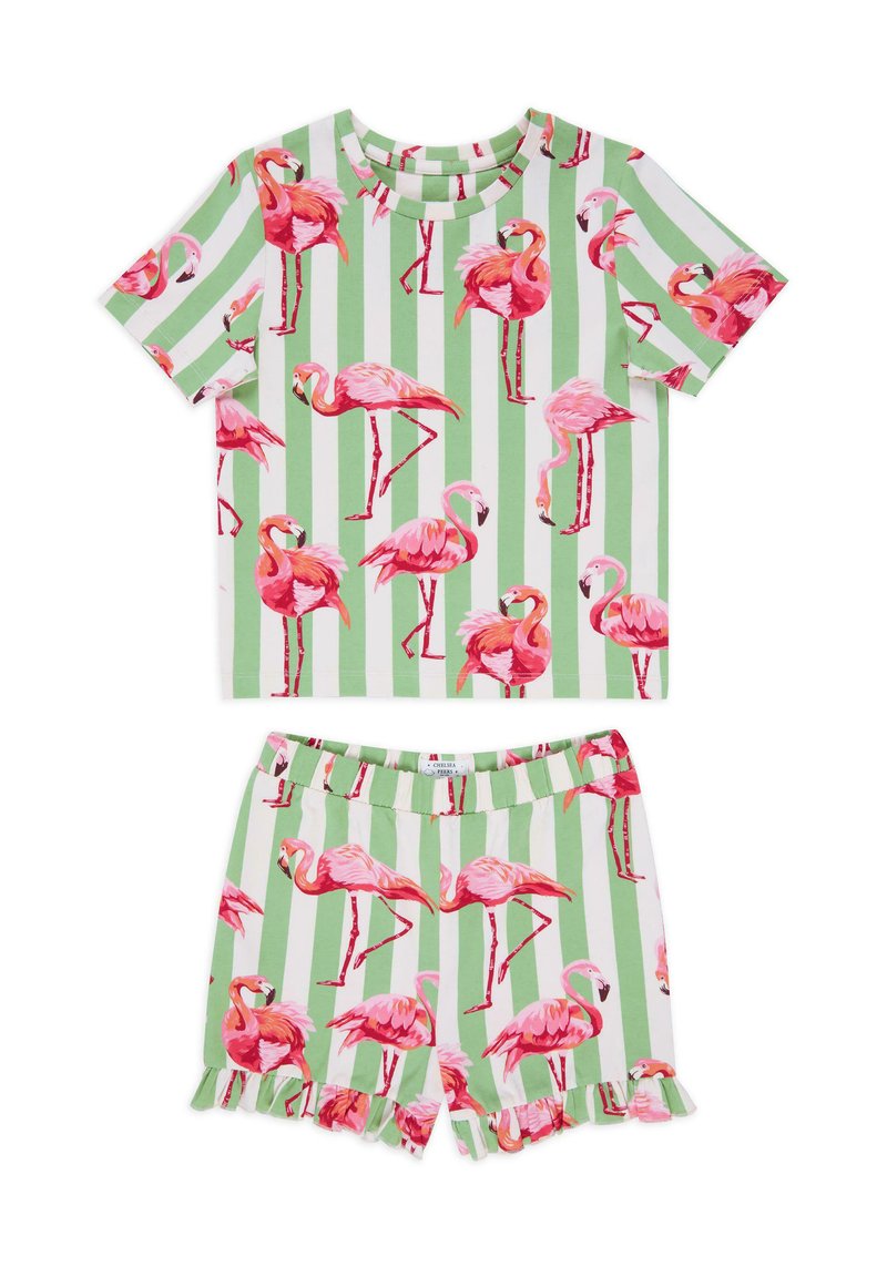 Conjunto de pijama de dos piezas con un patrón de rayas en verde claro y blanco, decorado con estampados de flamencos rosas. Parte superior de manga corta con escote redondeado y pantalones cortos con volantes.