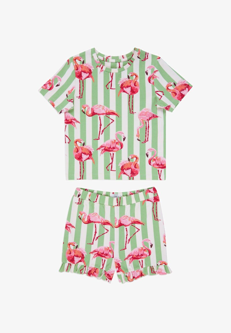 Two-piece sleep set featuring a light green and white striped pattern with pink flamingo prints. Short-sleeve top with a round neckline and ruffled shorts.