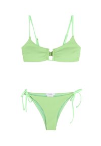 Grøn bikini sæt med en tekstureret top med justerbare stropper, frontlukning og matchende lavtaljede nederdel med bindesider.