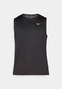 Černý bezrukávový výkonový top vyrobený z lehkého a hladkého materiálu. Má kulatý výstřih a malé bílé logo na hrudi.