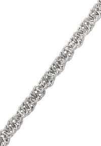 Bracciale in argento caratterizzato da anelli circolari intrecciati con una finitura lucida, che riflettono la luce e presentano una superficie texturizzata.