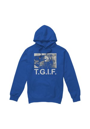 Blue hoodie with a graphic of a masked figure holding a weapon and text "T.G.I.F." printed below the image on the front.