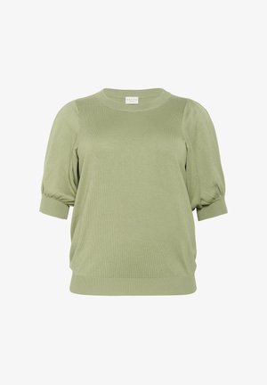 Lysegrønt kortærmet pullover-sweater lavet af strikmateriale, med rund hals og samling på ærmerne.