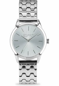 Orologio da polso analogico argento con cinturino in metallo a motivo esagonale e quadrante metallico blu chiaro. Caratterizzato da indicatori lineari minimali e logo del marchio.