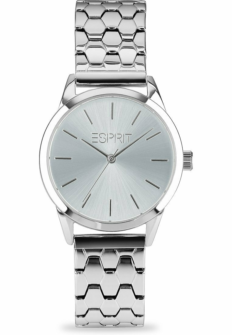 Orologio da polso analogico argento con cinturino in metallo a motivo esagonale e quadrante metallico blu chiaro. Caratterizzato da indicatori lineari minimali e logo del marchio.