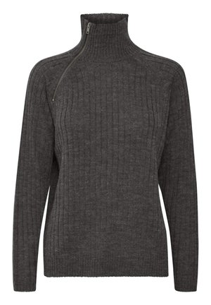 Dunkelgrauer, gerippter Pullover mit hohem Kragen und halbem Reißverschluss. Aus einem weichen Material mit strukturierter Oberfläche. Lange Ärmel und taillierte Form.