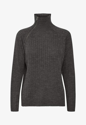 Dunkelgrauer, gerippter Pullover mit hohem Kragen und halbem Reißverschluss. Aus einem weichen Material mit strukturierter Oberfläche. Lange Ärmel und taillierte Form.