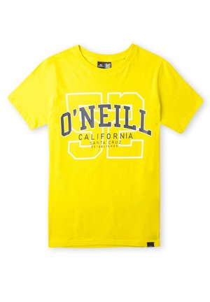 T-shirt jaune vif à manches courtes avec "O'NEILL" en grandes lettres et "CALIFORNIA SANTA CRUZ ESTABLISHED" imprimé en dessous sur le devant.