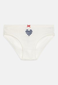 Bela bombažna spodnja perila z mornarskimi črtami v obliki srca, dopolnjena z majhnim rdečim lokom ob pasu. Mehka tekstura in elastičen fit.