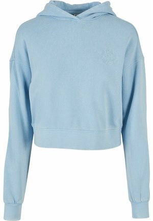 Helles blaues, kurzes Hoodie aus weichem Stoff, mit einer Fronttasche, gerippten Bündchen und einer gestickten Blumendetail auf der Brust.