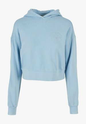 Helles blaues, kurzes Hoodie aus weichem Stoff, mit einer Fronttasche, gerippten Bündchen und einer gestickten Blumendetail auf der Brust.