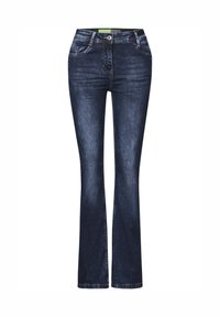 Donkerblauwe denim jeans met een uitlopende pijpdesign, voorzien van vijf zakken, contrasterende stiksels en een knoopsluiting bij de taille.