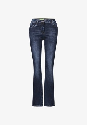 Dunkelblaue Denim-Jeans mit ausgestelltem Beinschnitt, fünf Taschen, kontrastierenden Nähten und einem Knopfverschluss an der Taille.