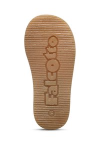 Suola di scarpa in gomma di colore marrone chiaro con scanalature orizzontali e logo "Falcotto" in rilievo, dotata di una marcatura tonda della taglia "19".
