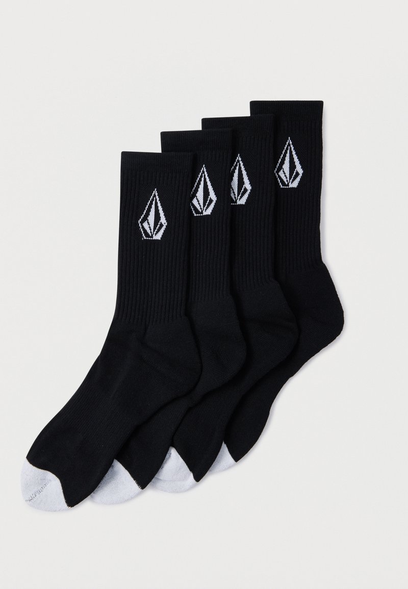 Chaussettes noires en coton avec texture côtelée, présentant un logo blanc. Comprend quatre paires avec des sections d'orteils grises contrastantes.