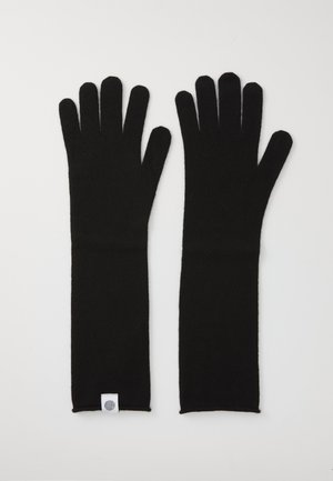 Luvas longas pretas feitas de material macio, com um design ajustado, cinco dedos e uma pequena etiqueta de logo no pulso.