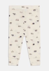 Kato leggings med en kremfarget bakgrunn, med et mønster av små biler og lastebiler i dempede farger. Mykt stoff med elastiske mansjetter.