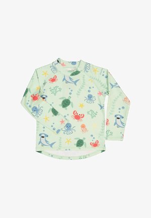 Long-sleeve kids' shirt made of mint green fabric, featuring a colorful underwater print with sea creatures and plants.