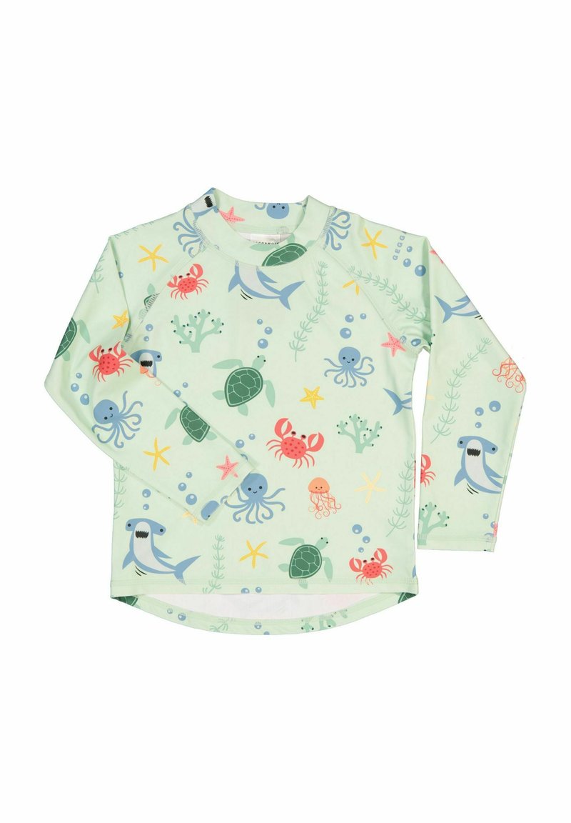 Long-sleeve kids' shirt made of mint green fabric, featuring a colorful underwater print with sea creatures and plants.