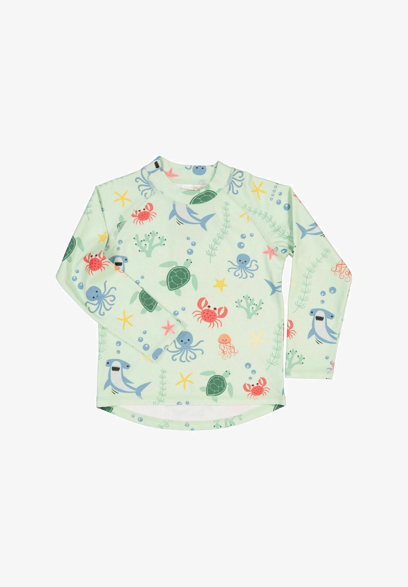 Chemise à manches longues pour enfants en tissu vert menthe, ornée d'un imprimé sous-marin coloré avec des créatures marines et des plantes.