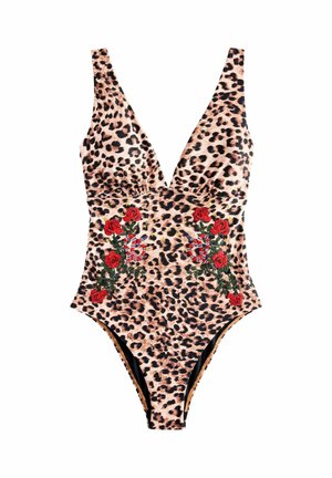 Einteiliger Badeanzug mit Leopardenmuster, tiefem V-Ausschnitt und roter Rosenstickerei an den vorderen Seiten.