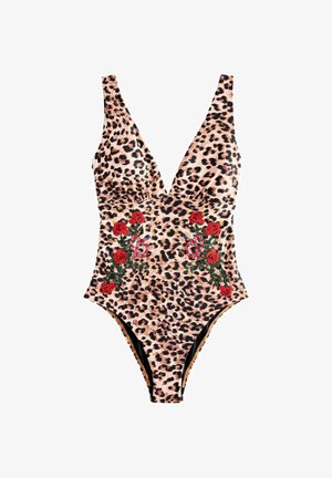 Jednodielne plavky s leopardím vzorom, hlbokým výstrihom do V a výšivkou červených ruží na predných stranách.
