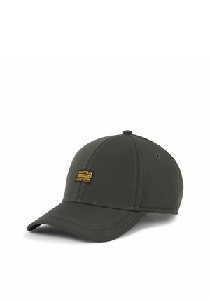 Dunkelgraue Baseballkappe mit gebogenem Schirm und gelbem G-Star Originals Logo-Patch vorne in der Mitte.
