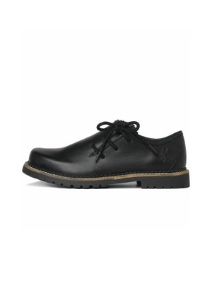 Schwarzer Lederschuh mit abgerundetem Zehenbereich, Schnürdesign, kontrastierender Naht und strukturiertem Obermaterial. Massive Gummisohle mit gemustertem Profil.